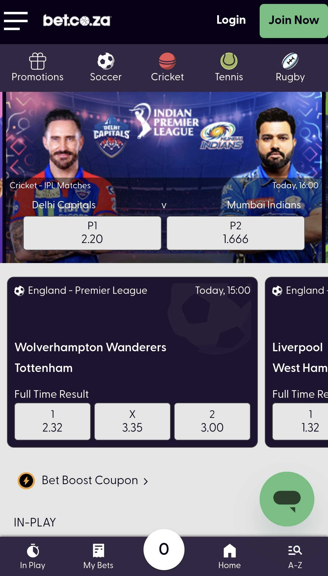 bet.co.za mobile website